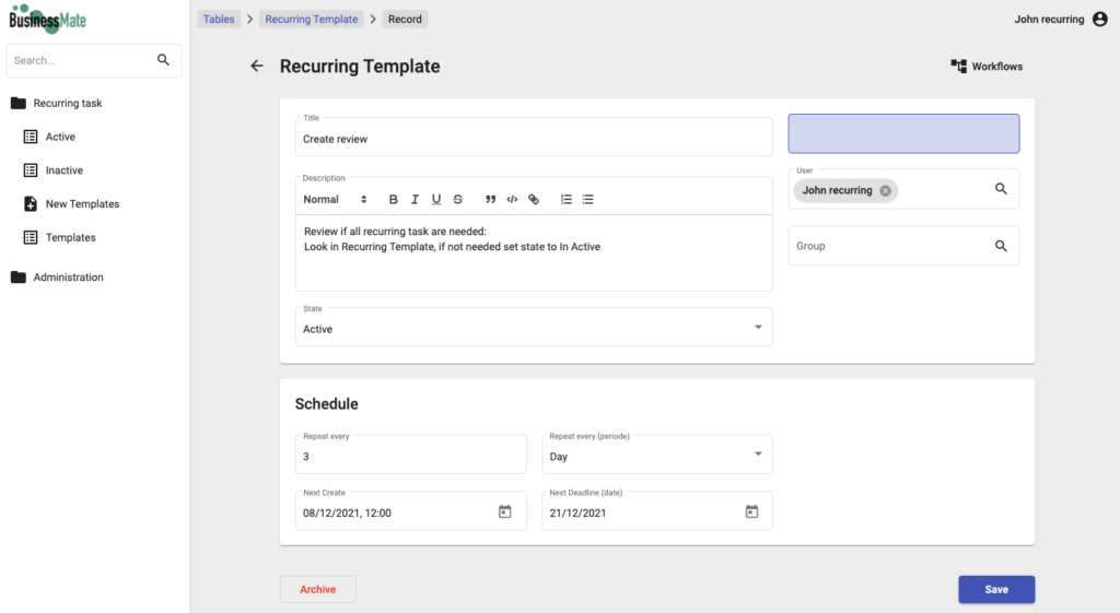 Configure template for Recurring tasks.